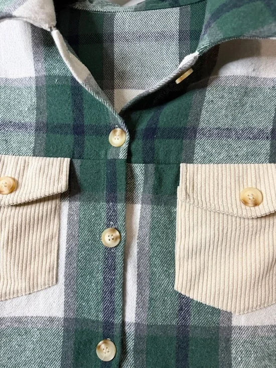 SHEIN Green, Cream and Gray Plaid Corduroy-Sleeve Button-Down Shacket - Picture 4 of 7